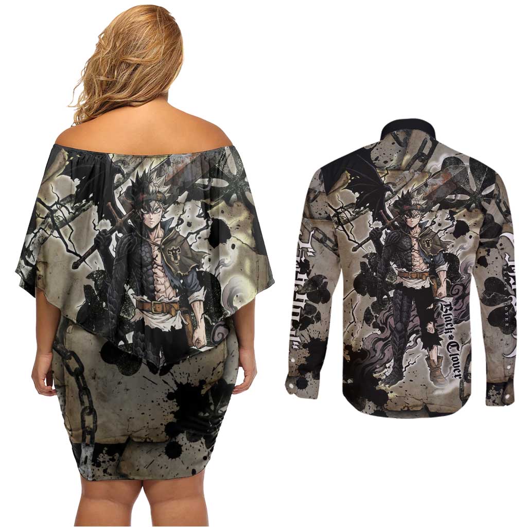 Asta Black Clover Couples Matching Off Shoulder Short Dress and Long Sleeve Button Shirt Grunge Anime Style with Gothic Clover Symbolism