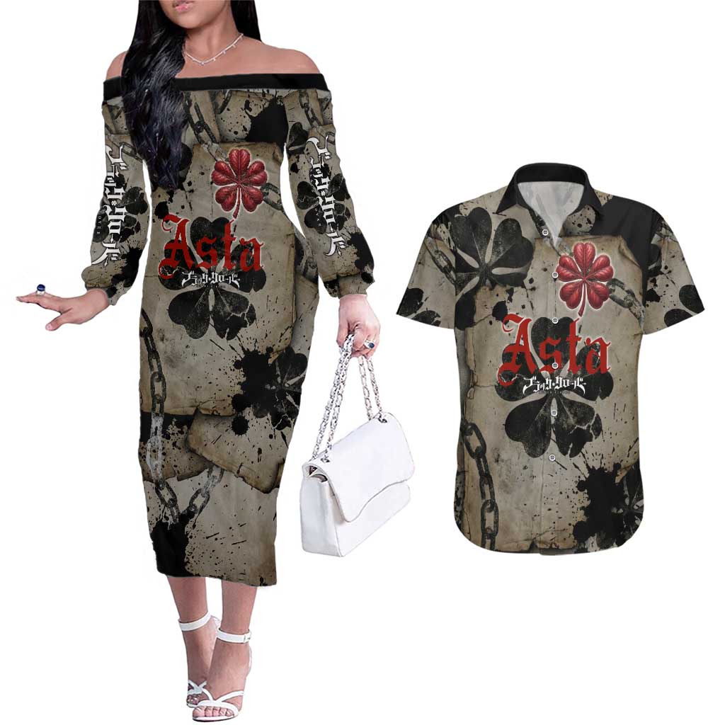 Asta Black Clover Couples Matching Off The Shoulder Long Sleeve Dress and Hawaiian Shirt Grunge Anime Style with Gothic Clover Symbolism
