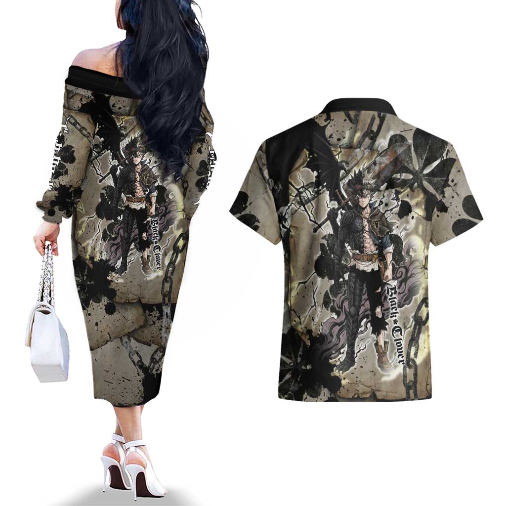 Asta Black Clover Couples Matching Off The Shoulder Long Sleeve Dress and Hawaiian Shirt Grunge Anime Style with Gothic Clover Symbolism