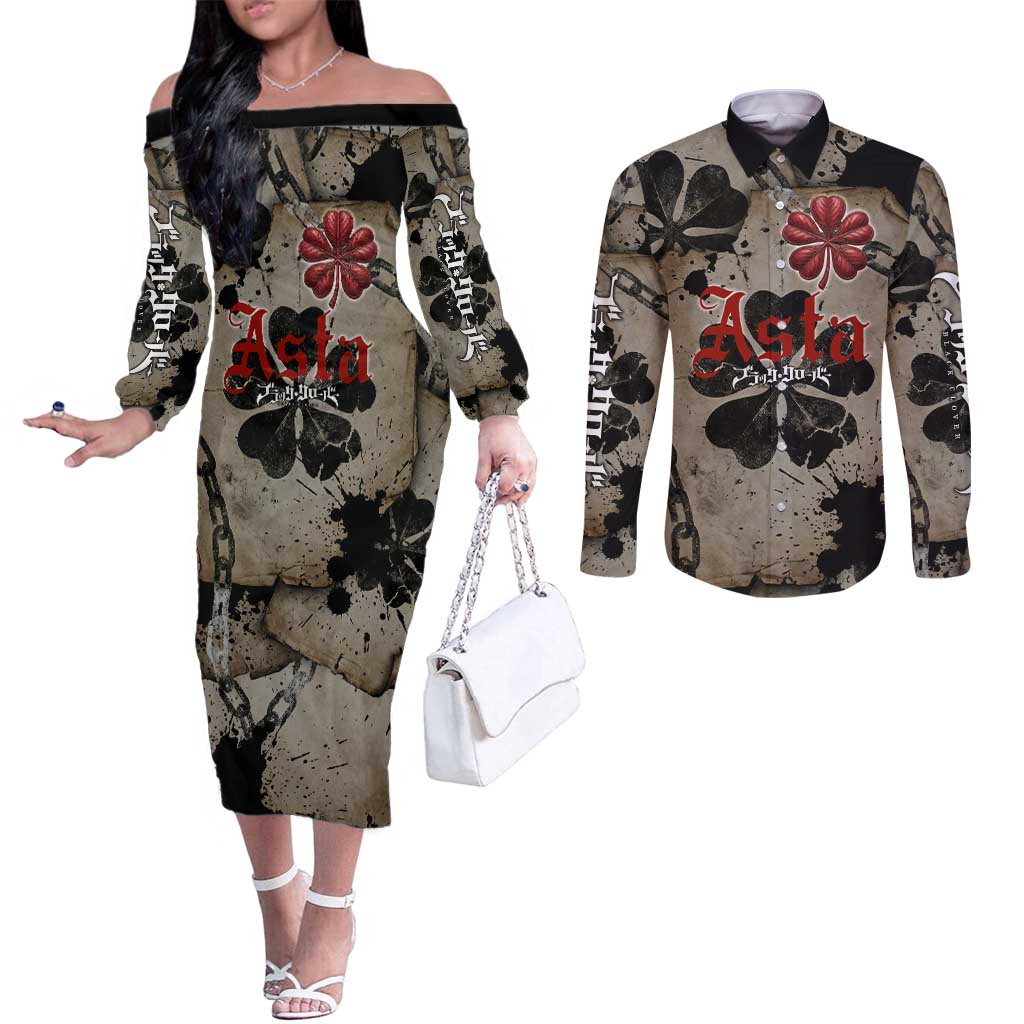 Asta Black Clover Couples Matching Off The Shoulder Long Sleeve Dress and Long Sleeve Button Shirt Grunge Anime Style with Gothic Clover Symbolism