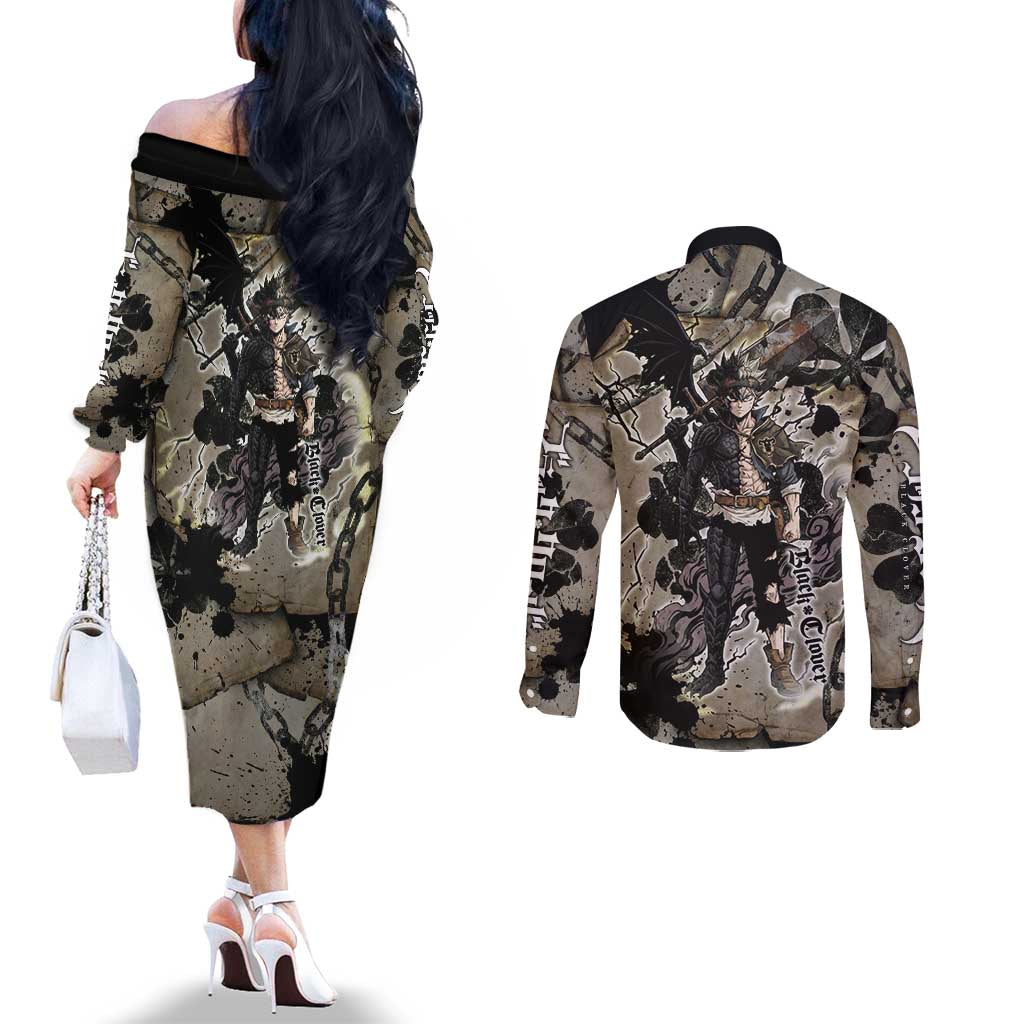 Asta Black Clover Couples Matching Off The Shoulder Long Sleeve Dress and Long Sleeve Button Shirt Grunge Anime Style with Gothic Clover Symbolism