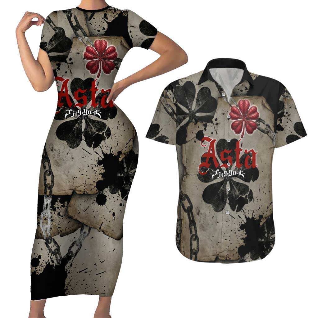 Asta Black Clover Couples Matching Short Sleeve Bodycon Dress and Hawaiian Shirt Grunge Anime Style with Gothic Clover Symbolism
