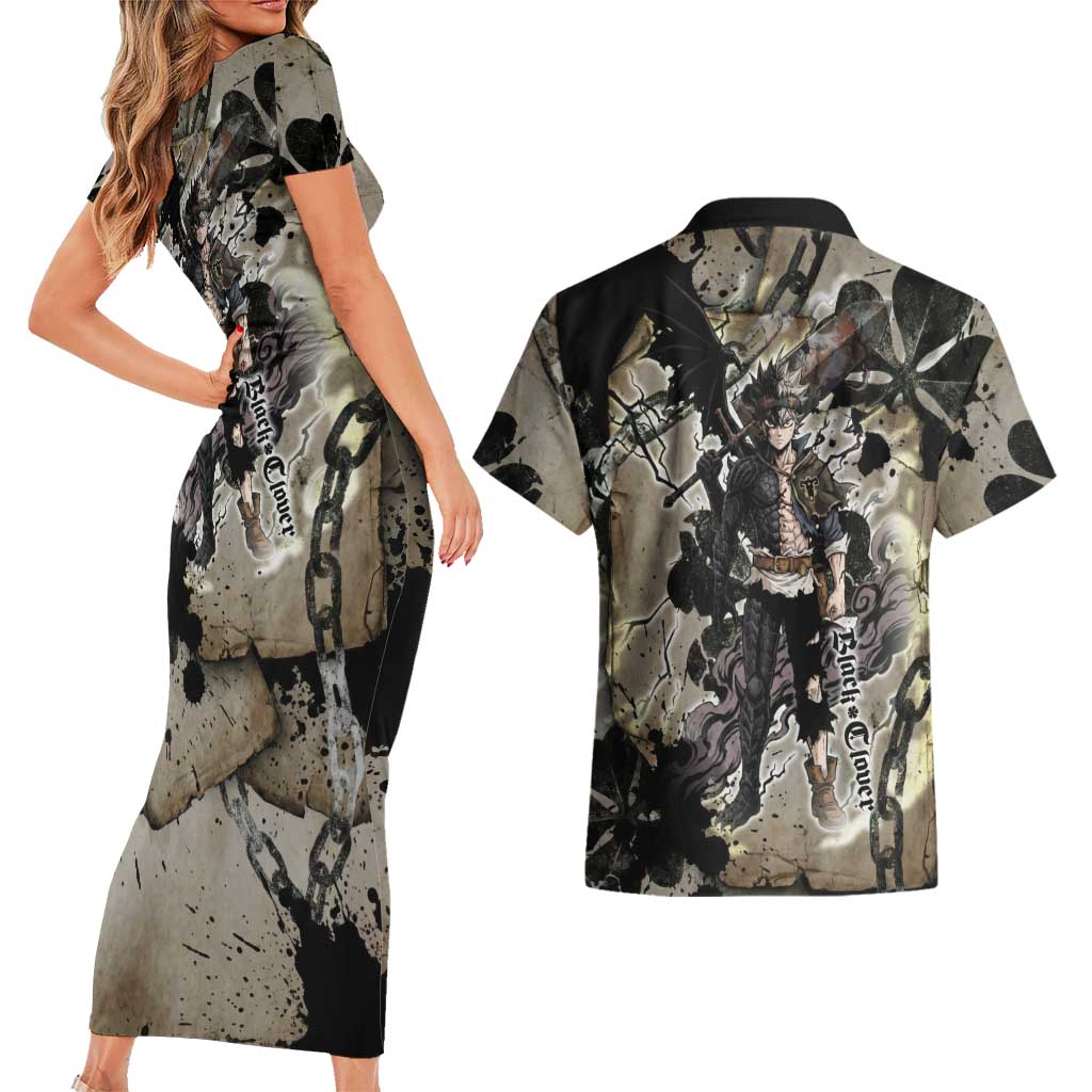 Asta Black Clover Couples Matching Short Sleeve Bodycon Dress and Hawaiian Shirt Grunge Anime Style with Gothic Clover Symbolism
