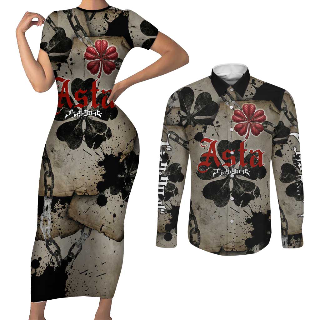 Asta Black Clover Couples Matching Short Sleeve Bodycon Dress and Long Sleeve Button Shirt Grunge Anime Style with Gothic Clover Symbolism