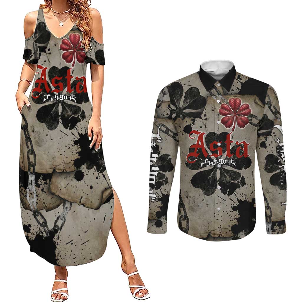 Asta Black Clover Couples Matching Summer Maxi Dress and Long Sleeve Button Shirt Grunge Anime Style with Gothic Clover Symbolism