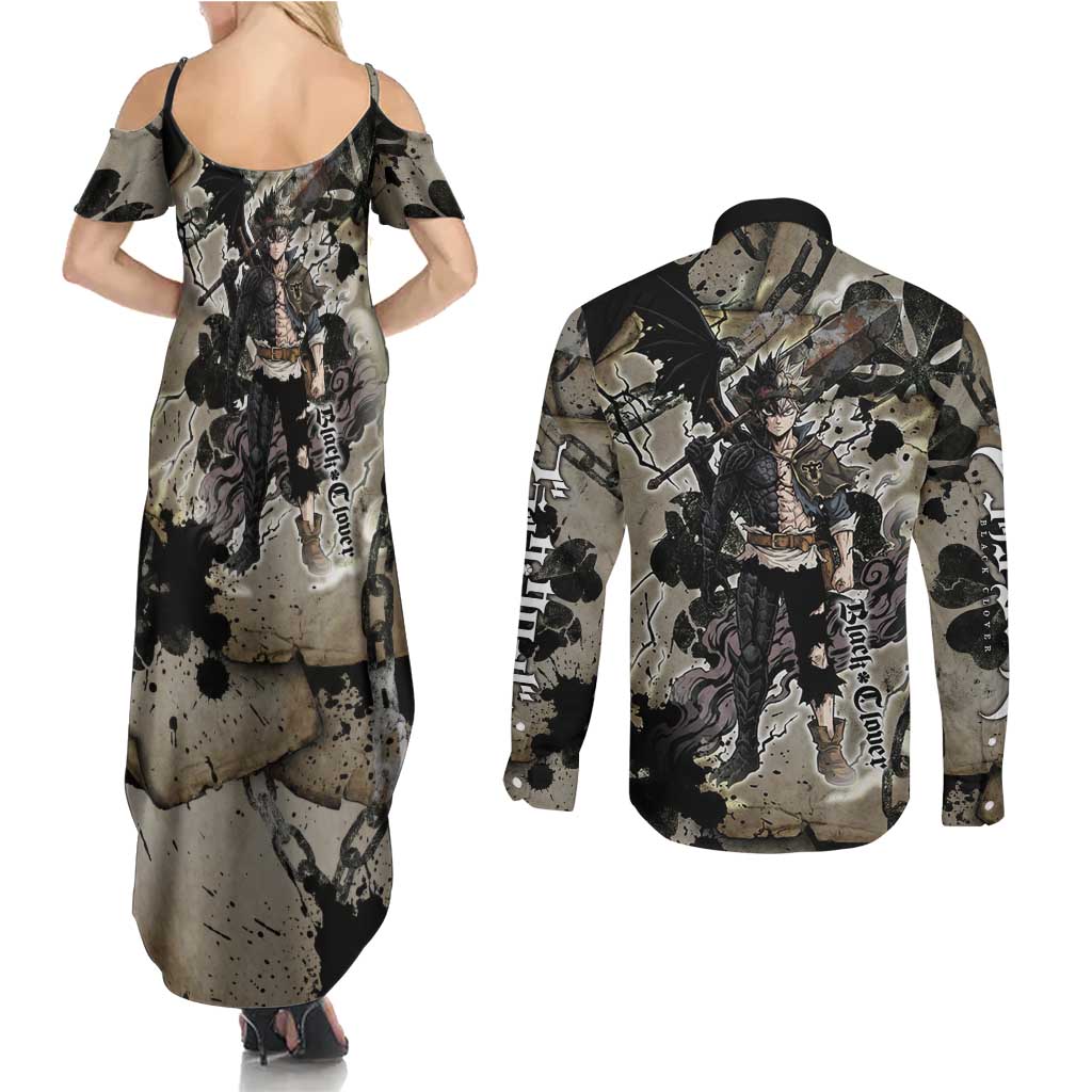 Asta Black Clover Couples Matching Summer Maxi Dress and Long Sleeve Button Shirt Grunge Anime Style with Gothic Clover Symbolism