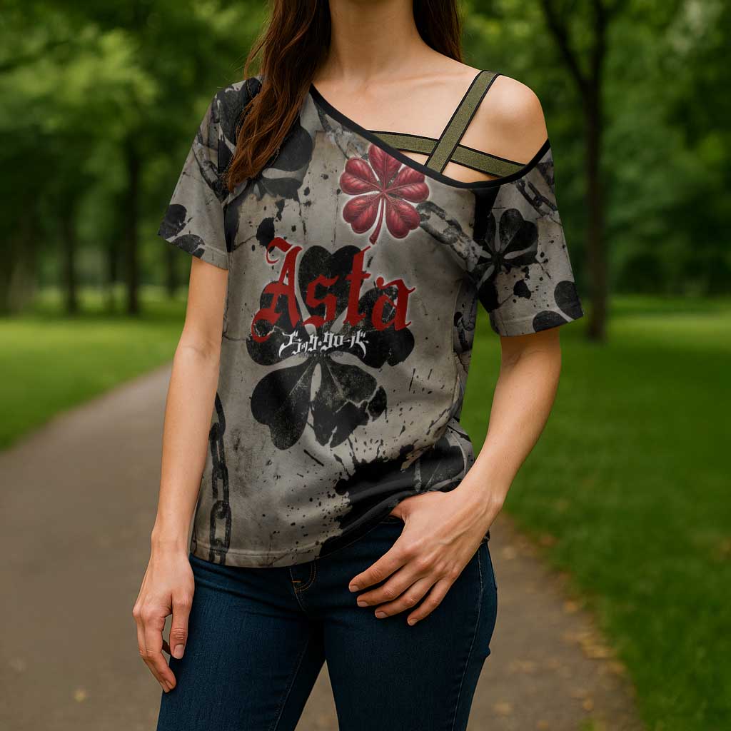 Asta Black Clover Cross Shoulder Shirt Grunge Anime Style with Gothic Clover Symbolism