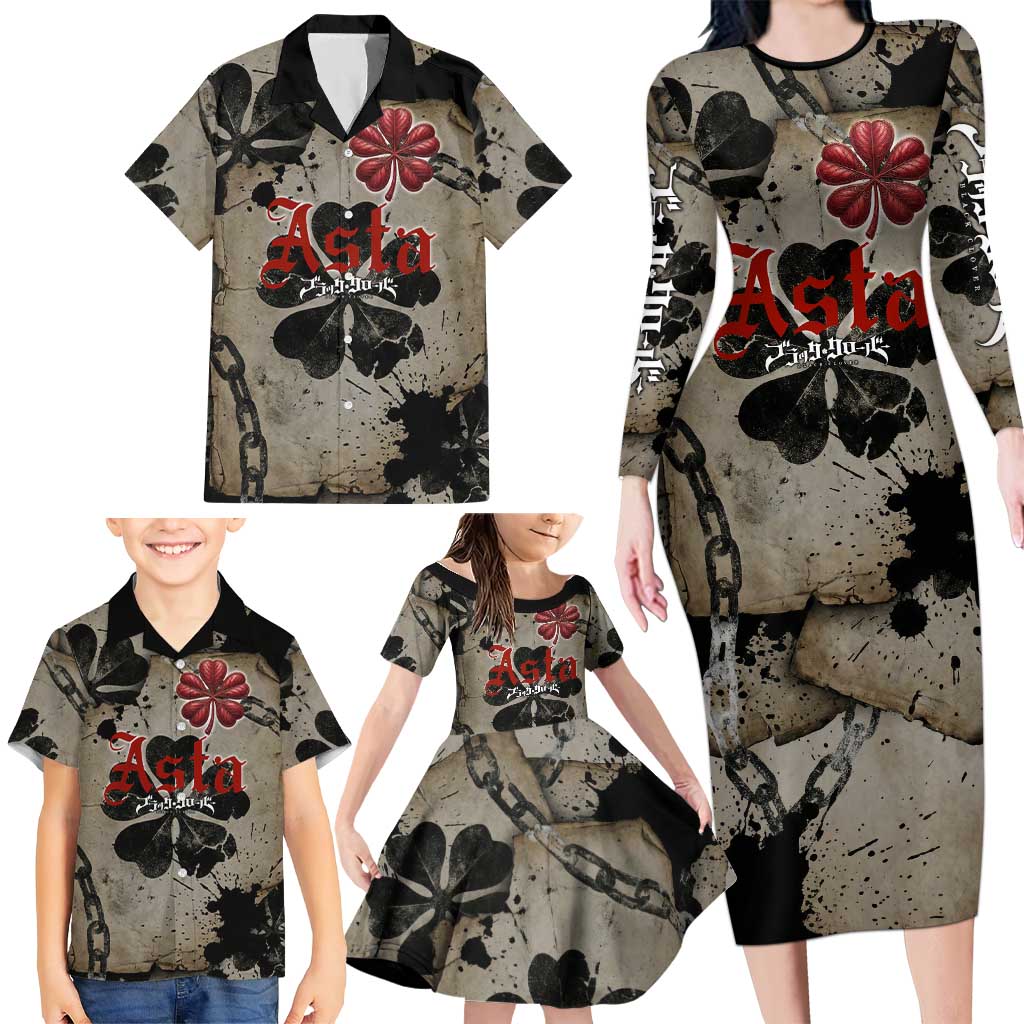 Asta Black Clover Family Matching Long Sleeve Bodycon Dress and Hawaiian Shirt Grunge Anime Style with Gothic Clover Symbolism