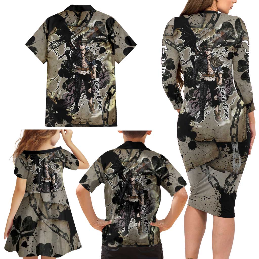 Asta Black Clover Family Matching Long Sleeve Bodycon Dress and Hawaiian Shirt Grunge Anime Style with Gothic Clover Symbolism