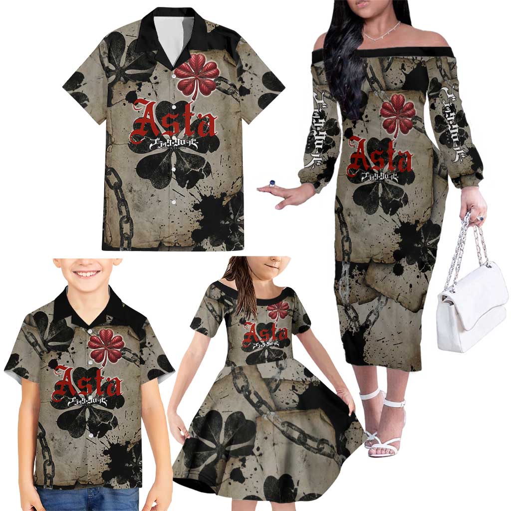 Asta Black Clover Family Matching Off The Shoulder Long Sleeve Dress and Hawaiian Shirt Grunge Anime Style with Gothic Clover Symbolism