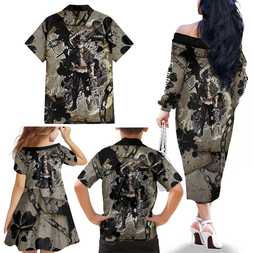Asta Black Clover Family Matching Off The Shoulder Long Sleeve Dress and Hawaiian Shirt Grunge Anime Style with Gothic Clover Symbolism