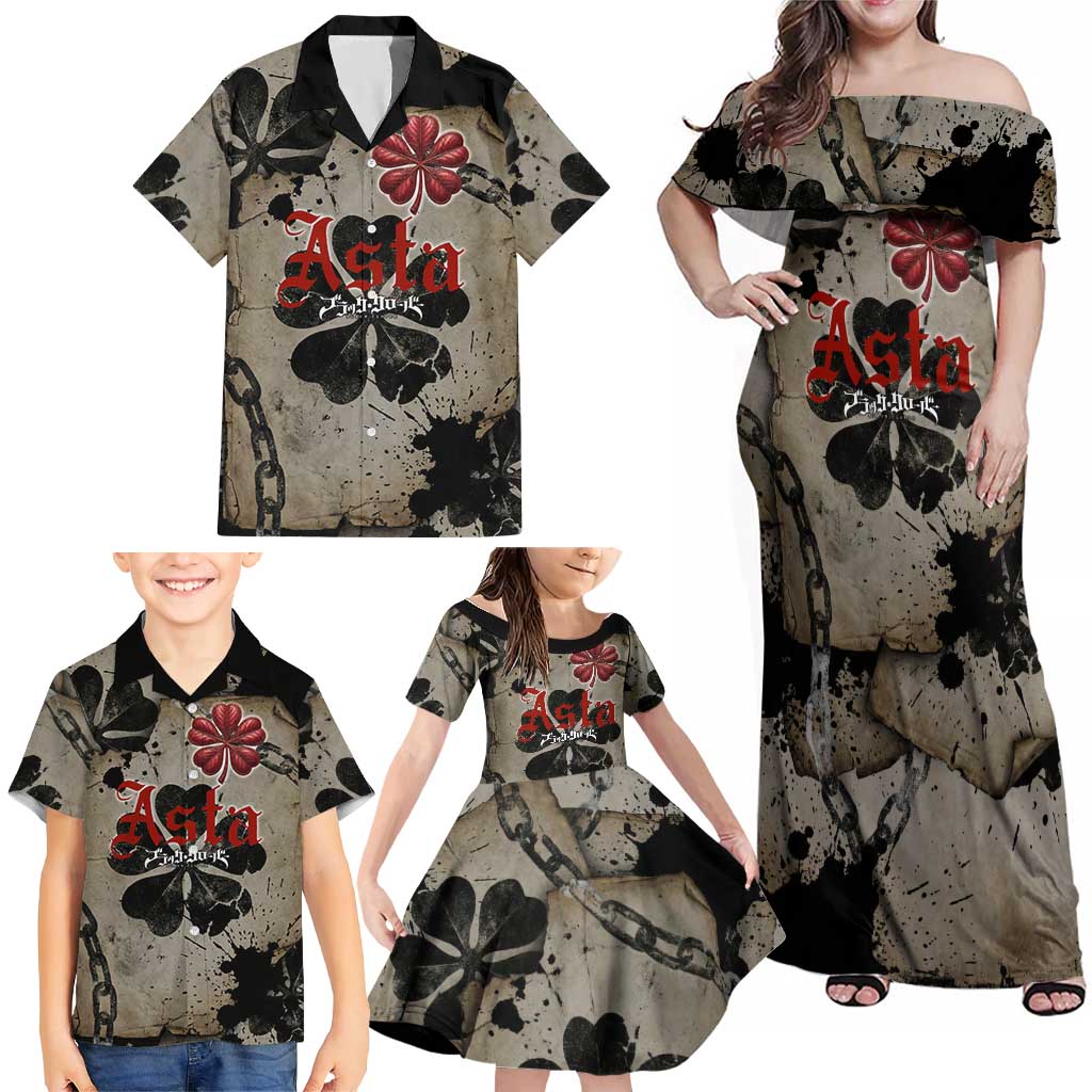 Asta Black Clover Family Matching Off Shoulder Maxi Dress and Hawaiian Shirt Grunge Anime Style with Gothic Clover Symbolism