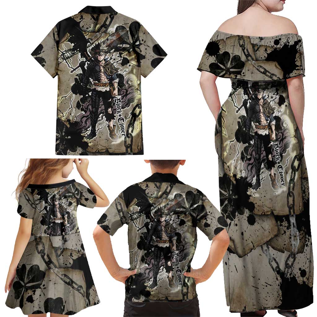 Asta Black Clover Family Matching Off Shoulder Maxi Dress and Hawaiian Shirt Grunge Anime Style with Gothic Clover Symbolism