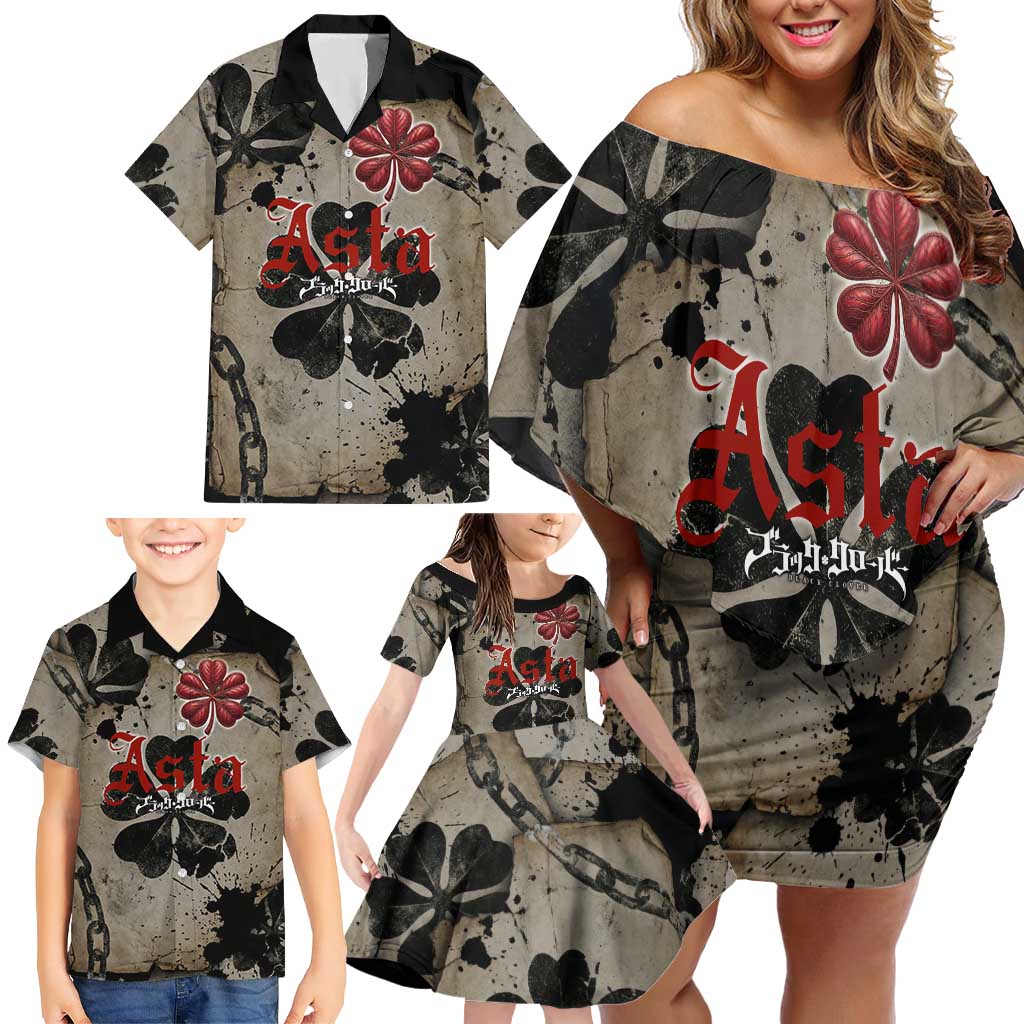 Asta Black Clover Family Matching Off Shoulder Short Dress and Hawaiian Shirt Grunge Anime Style with Gothic Clover Symbolism