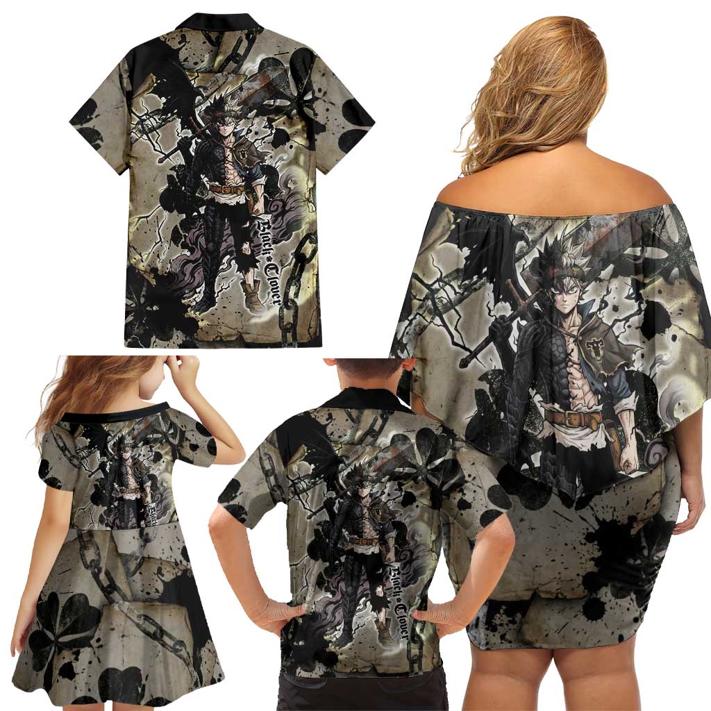 Asta Black Clover Family Matching Off Shoulder Short Dress and Hawaiian Shirt Grunge Anime Style with Gothic Clover Symbolism