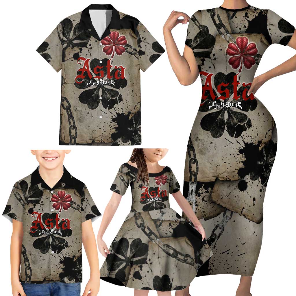 Asta Black Clover Family Matching Short Sleeve Bodycon Dress and Hawaiian Shirt Grunge Anime Style with Gothic Clover Symbolism
