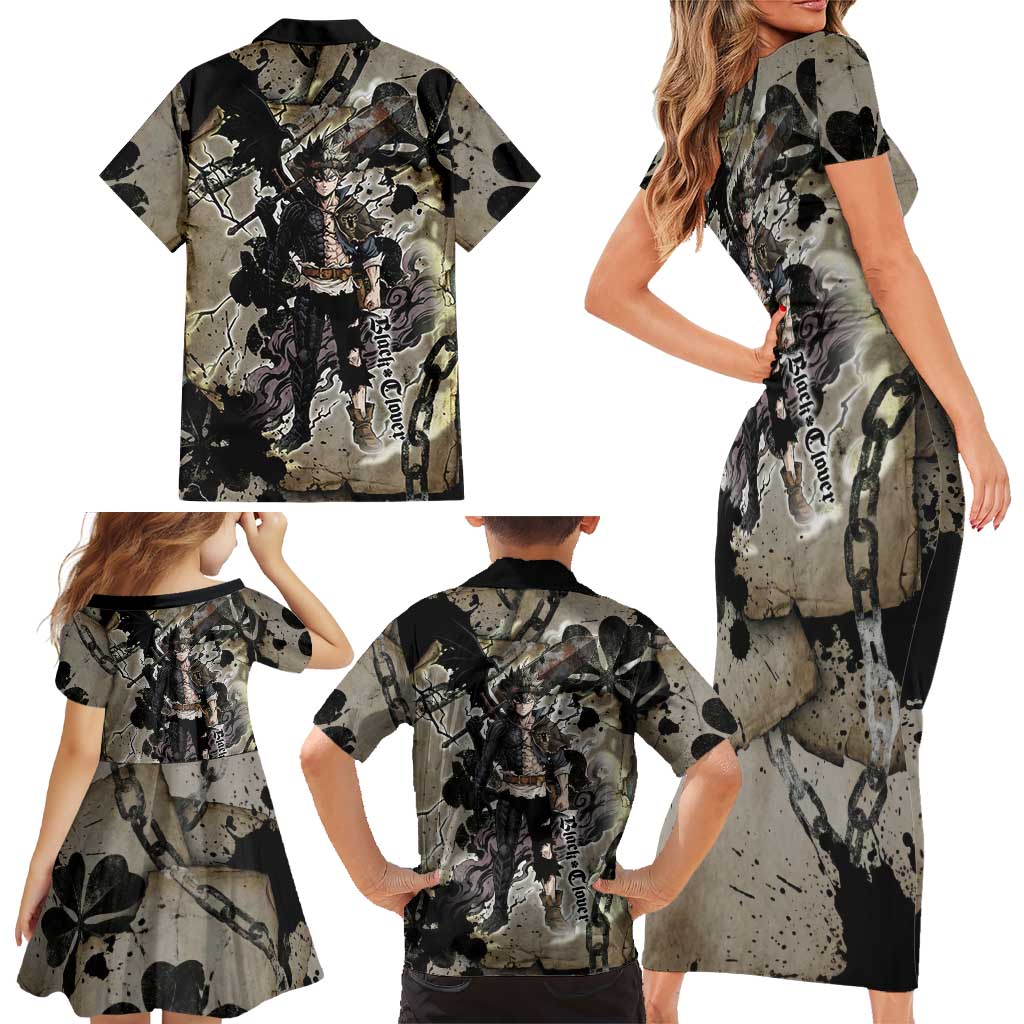 Asta Black Clover Family Matching Short Sleeve Bodycon Dress and Hawaiian Shirt Grunge Anime Style with Gothic Clover Symbolism