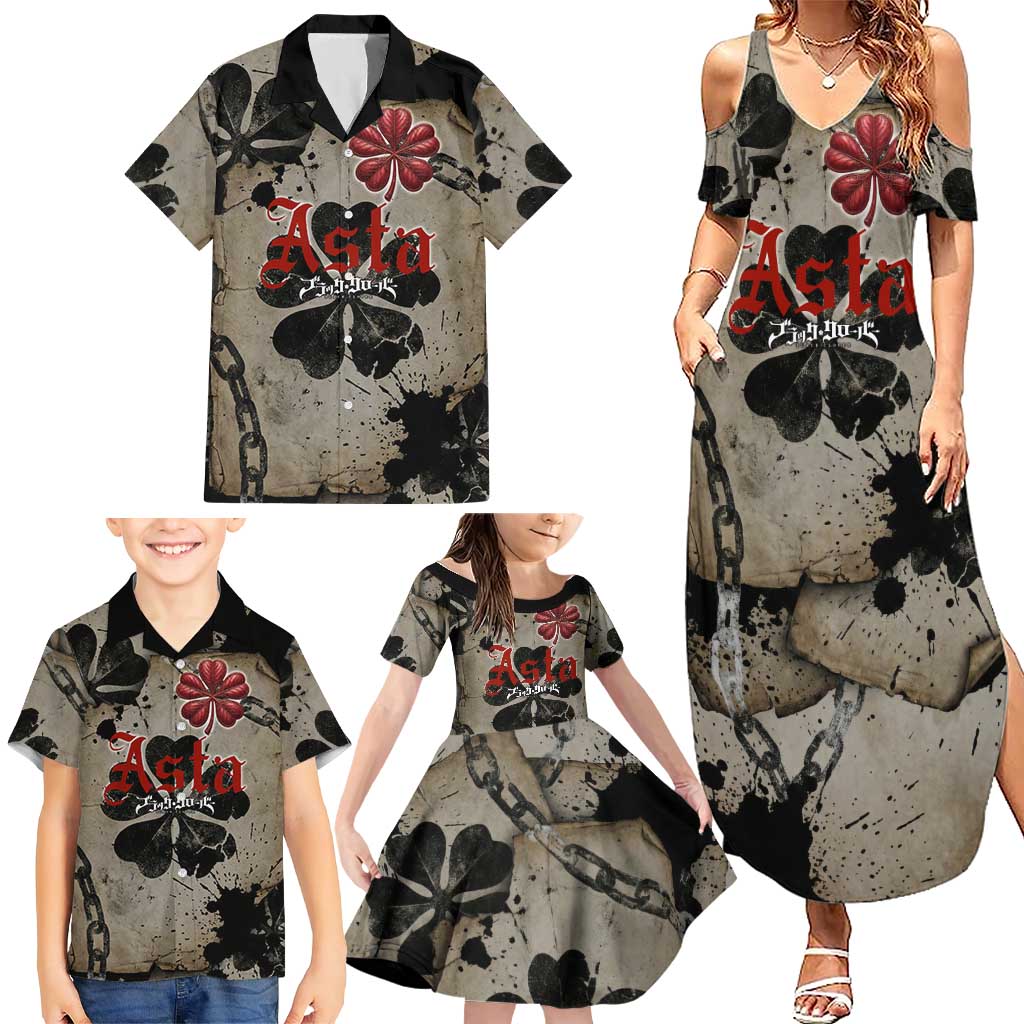Asta Black Clover Family Matching Summer Maxi Dress and Hawaiian Shirt Grunge Anime Style with Gothic Clover Symbolism