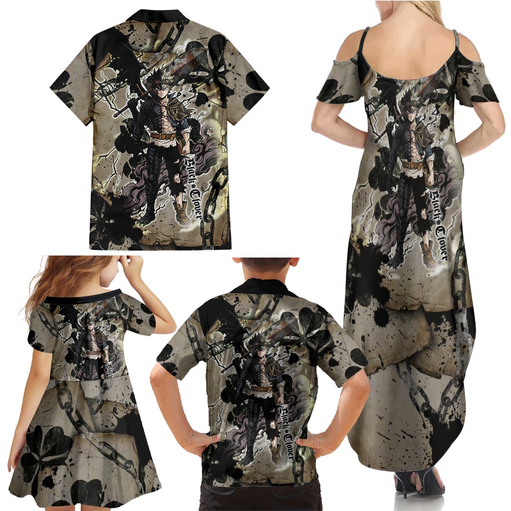 Asta Black Clover Family Matching Summer Maxi Dress and Hawaiian Shirt Grunge Anime Style with Gothic Clover Symbolism