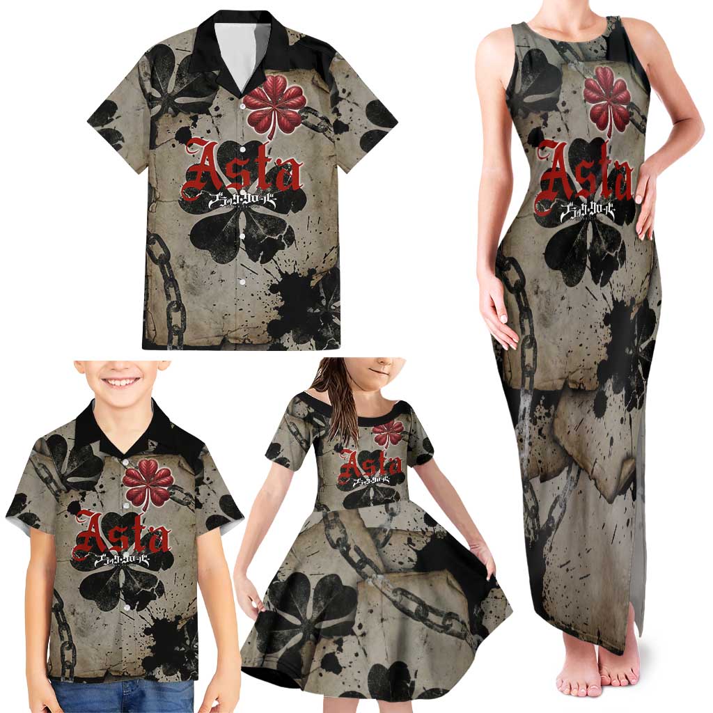 Asta Black Clover Family Matching Tank Maxi Dress and Hawaiian Shirt Grunge Anime Style with Gothic Clover Symbolism