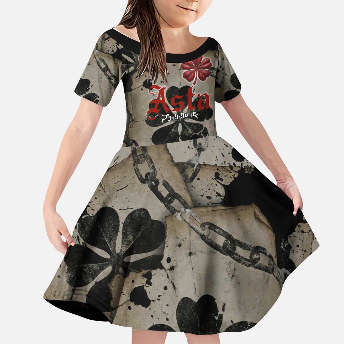 Asta Black Clover Kid Short Sleeve Dress Grunge Anime Style with Gothic Clover Symbolism