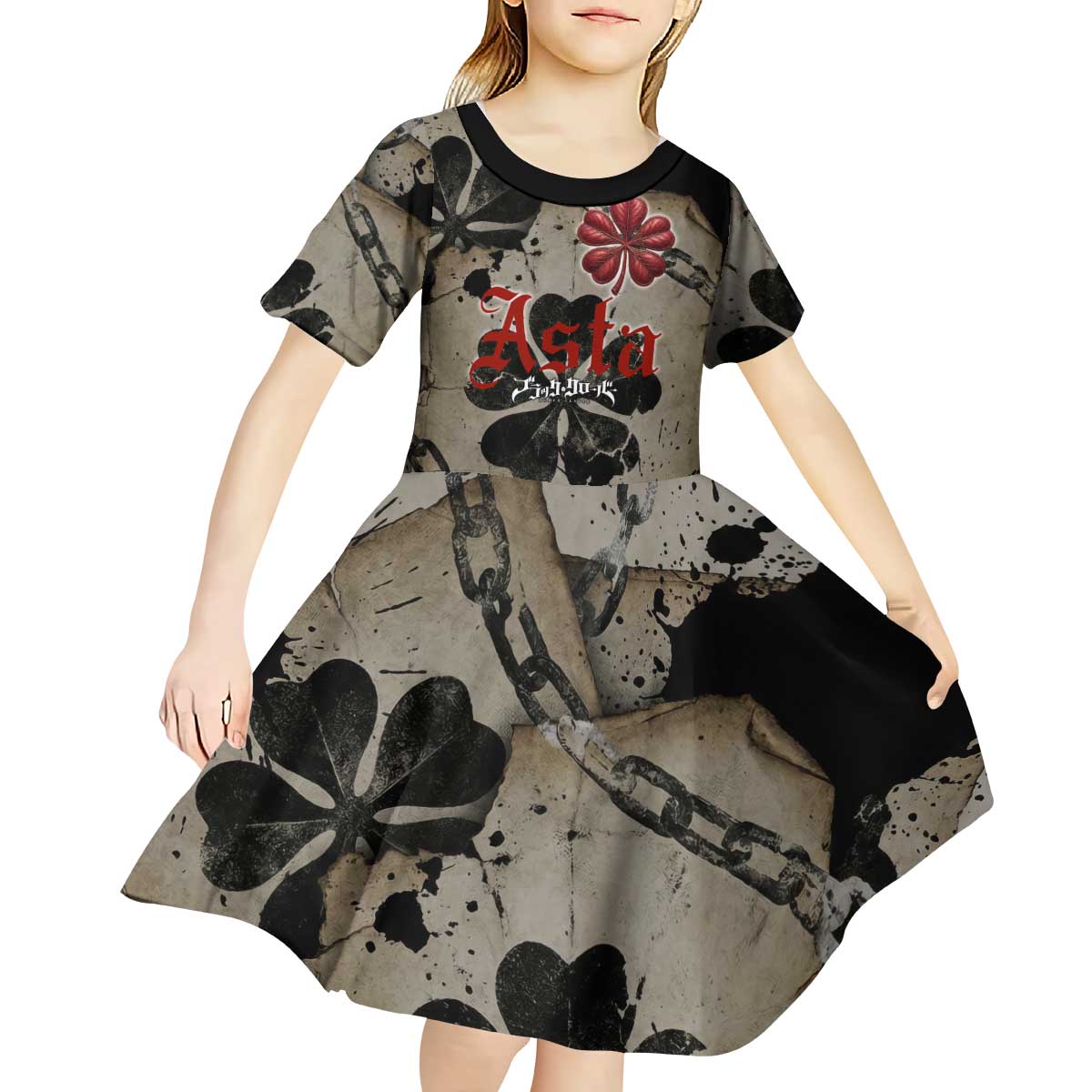 Asta Black Clover Kid Short Sleeve Dress Grunge Anime Style with Gothic Clover Symbolism
