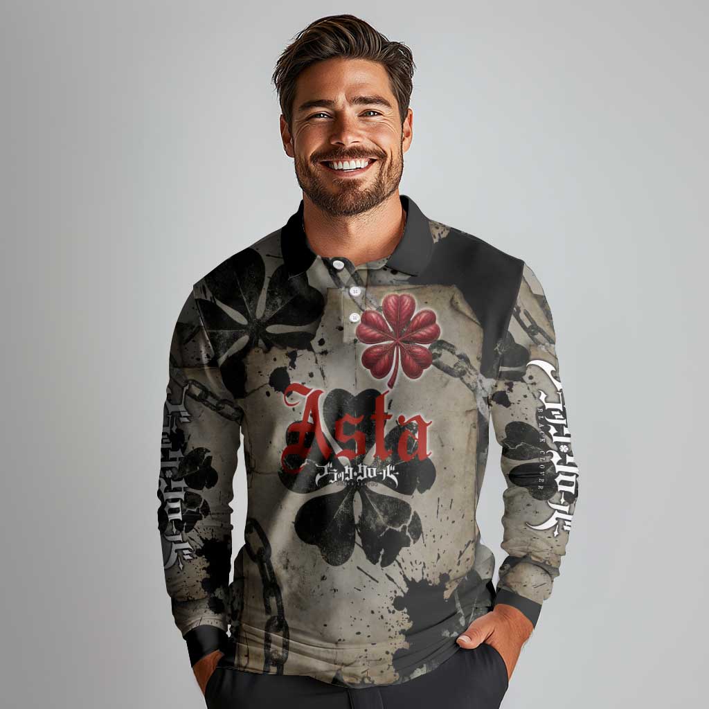 Asta Black Clover Long Sleeve Polo Shirt Grunge Anime Style with Gothic Clover Symbolism