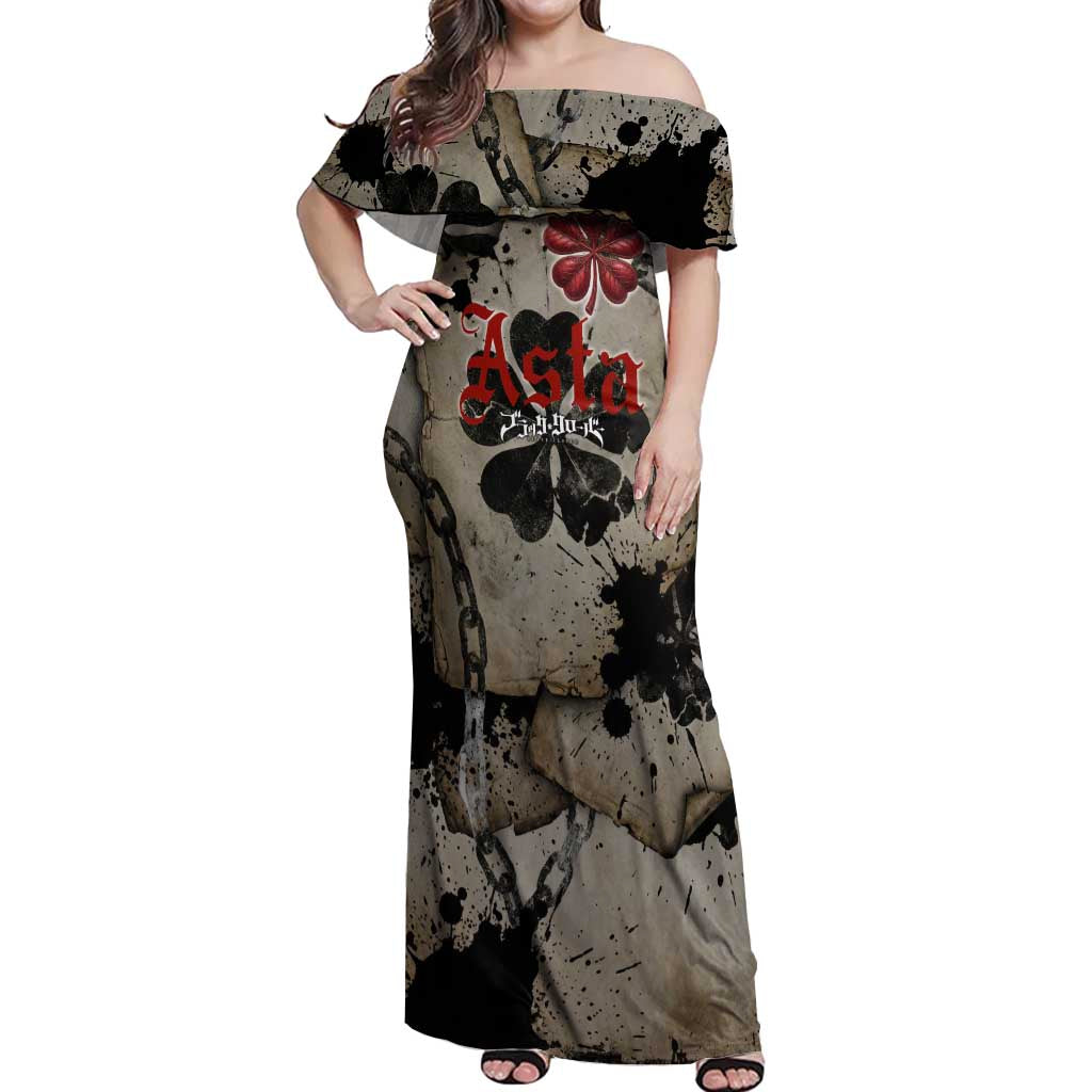 Asta Black Clover Off Shoulder Maxi Dress Grunge Anime Style with Gothic Clover Symbolism