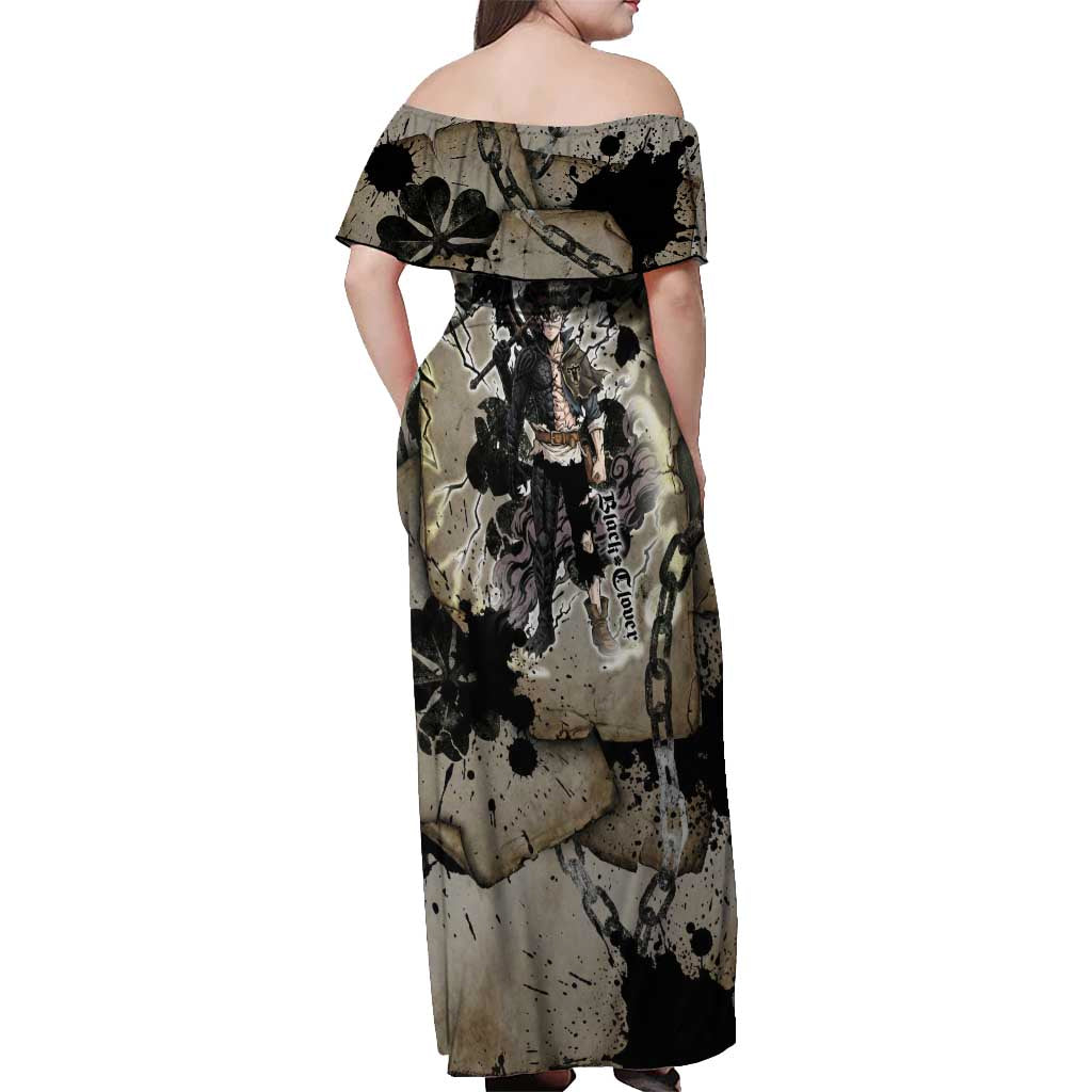 Asta Black Clover Off Shoulder Maxi Dress Grunge Anime Style with Gothic Clover Symbolism