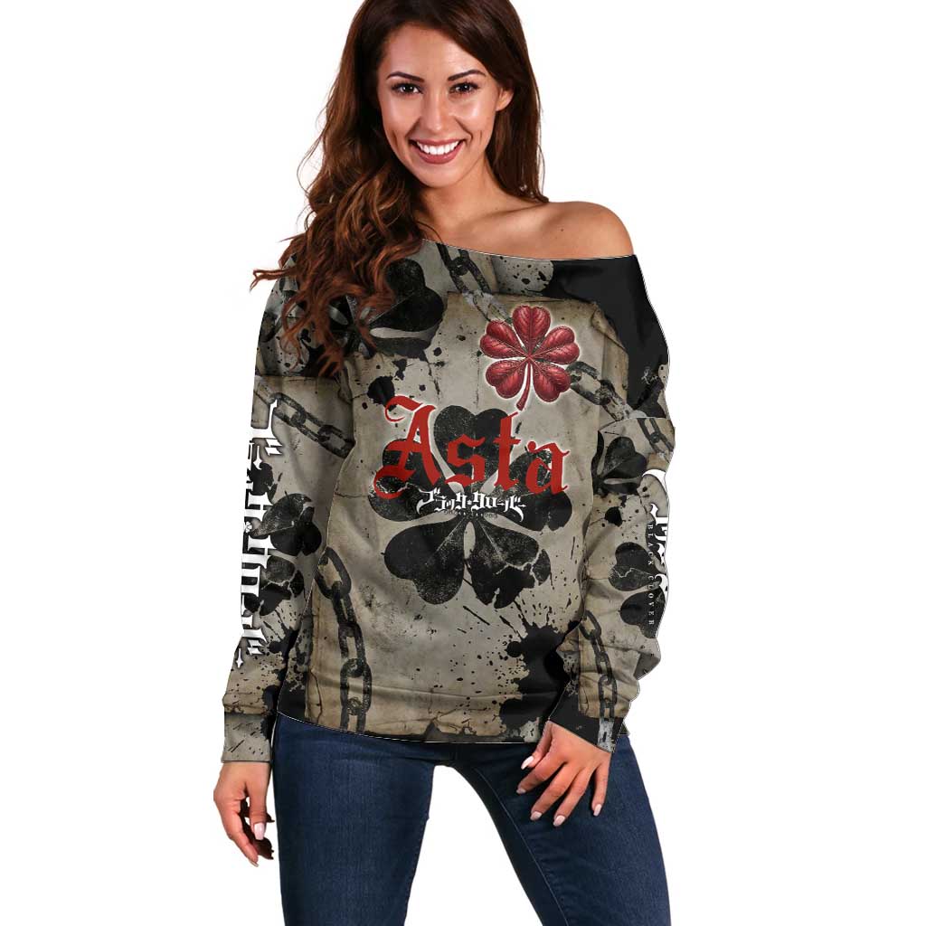 Asta Black Clover Off Shoulder Sweater Grunge Anime Style with Gothic Clover Symbolism