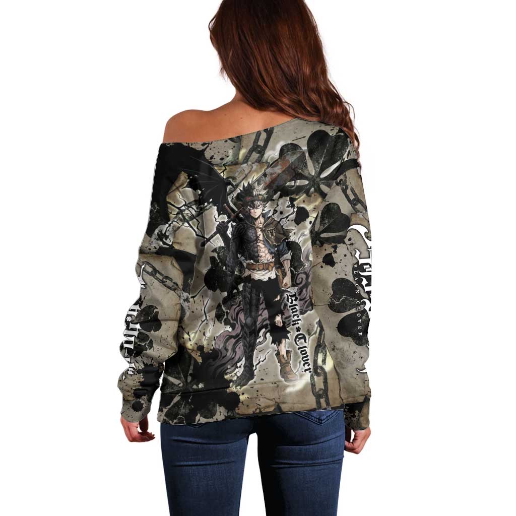 Asta Black Clover Off Shoulder Sweater Grunge Anime Style with Gothic Clover Symbolism