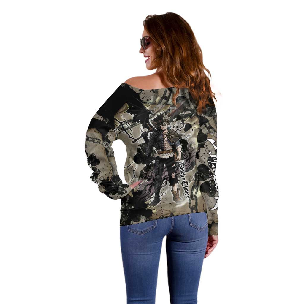 Asta Black Clover Off Shoulder Sweater Grunge Anime Style with Gothic Clover Symbolism