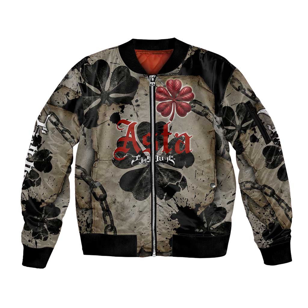 Asta Black Clover Sleeve Zip Bomber Jacket Grunge Anime Style with Gothic Clover Symbolism