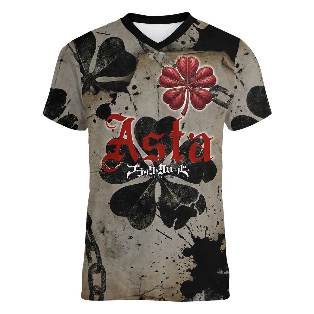 Asta Black Clover Women V-Neck T-Shirt Grunge Anime Style with Gothic Clover Symbolism