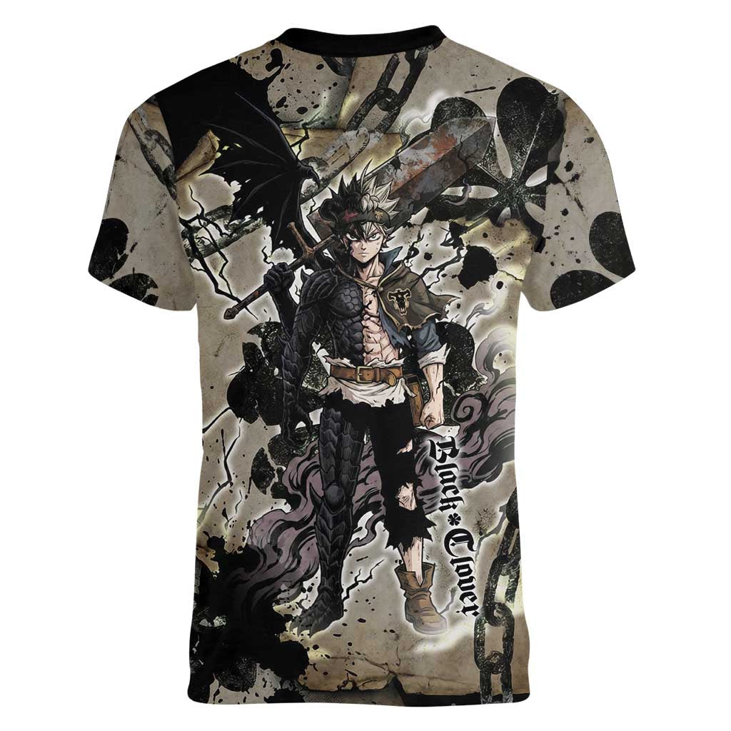 Asta Black Clover Women V-Neck T-Shirt Grunge Anime Style with Gothic Clover Symbolism