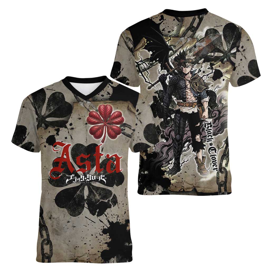 Asta Black Clover Women V-Neck T-Shirt Grunge Anime Style with Gothic Clover Symbolism