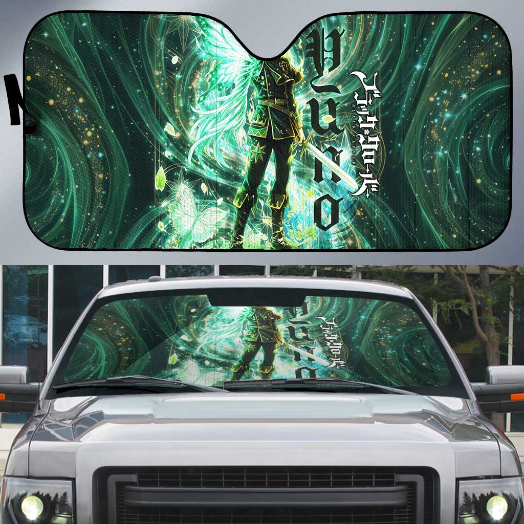 Yuno Black Clover Auto Sun Shade Magical Fantasy Style with Emerald Wind Swirls