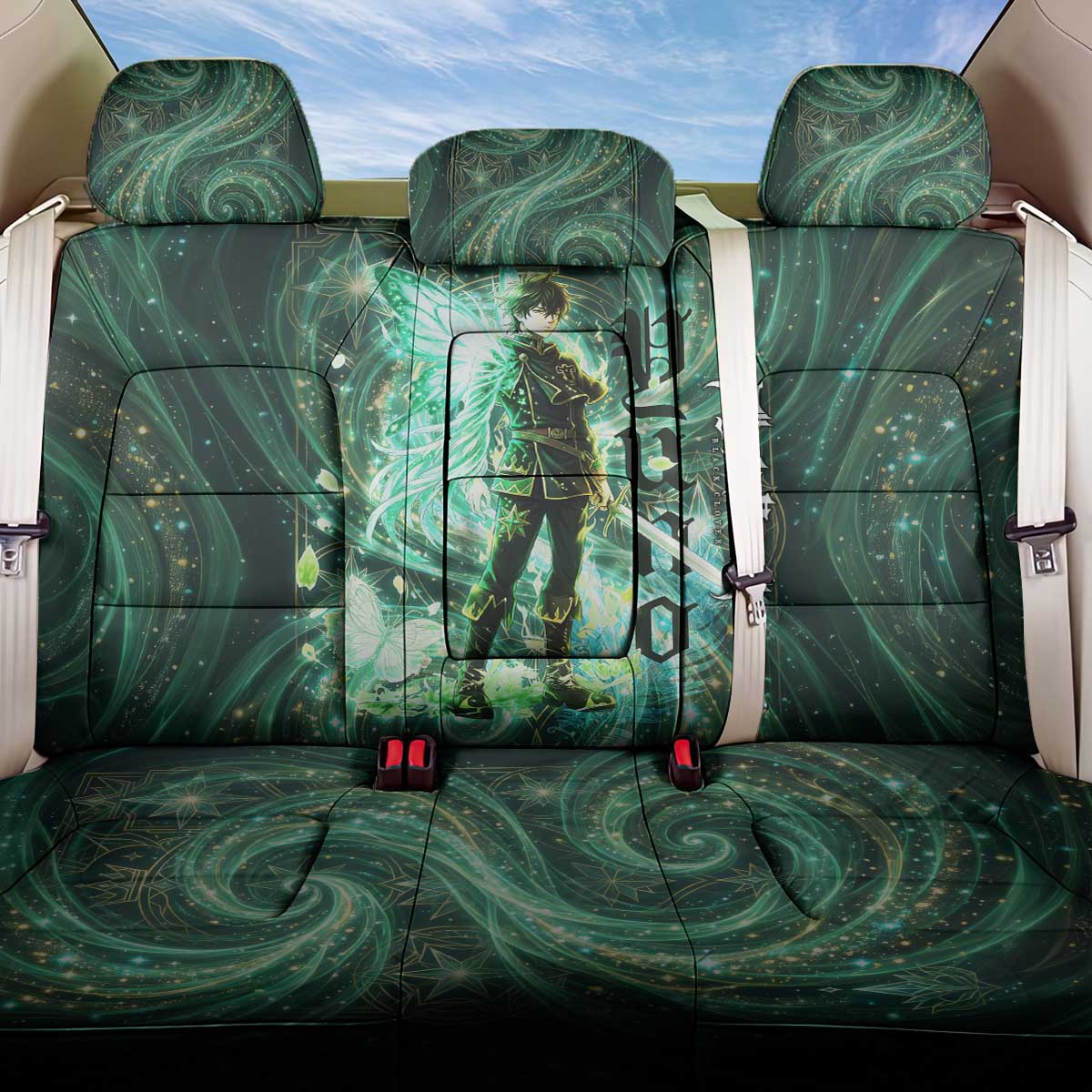 Yuno Black Clover Back Car Seat Cover Magical Fantasy Style with Emerald Wind Swirls