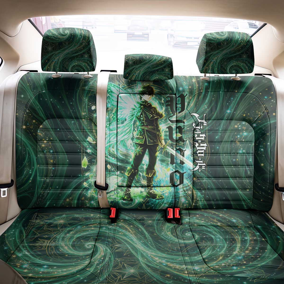 Yuno Black Clover Back Car Seat Cover Magical Fantasy Style with Emerald Wind Swirls