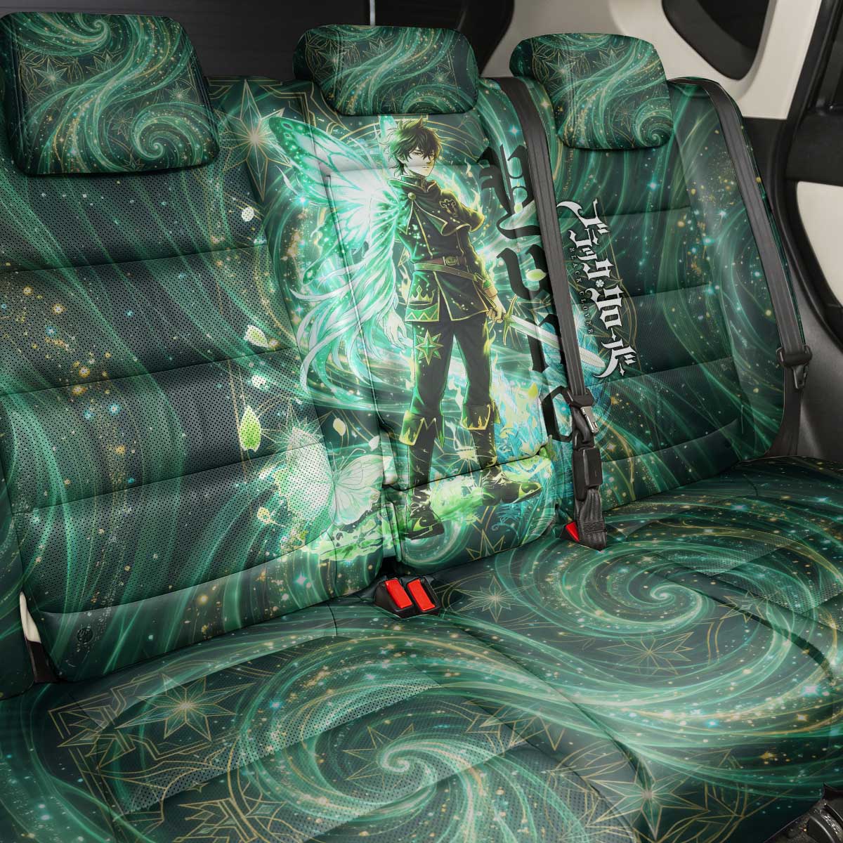 Yuno Black Clover Back Car Seat Cover Magical Fantasy Style with Emerald Wind Swirls