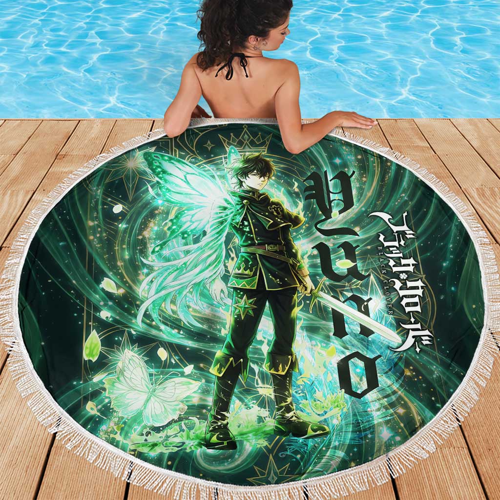 Yuno Black Clover Beach Blanket Magical Fantasy Style with Emerald Wind Swirls