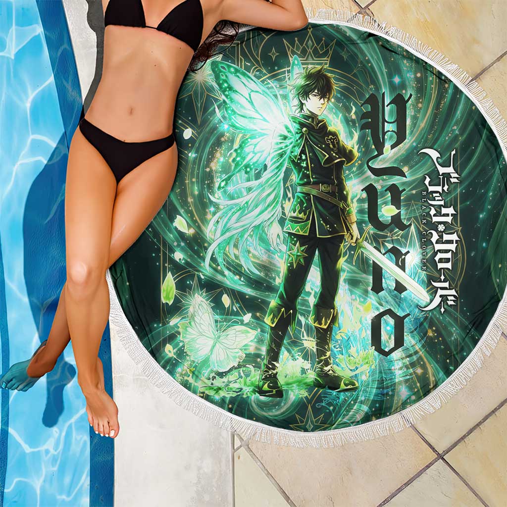 Yuno Black Clover Beach Blanket Magical Fantasy Style with Emerald Wind Swirls