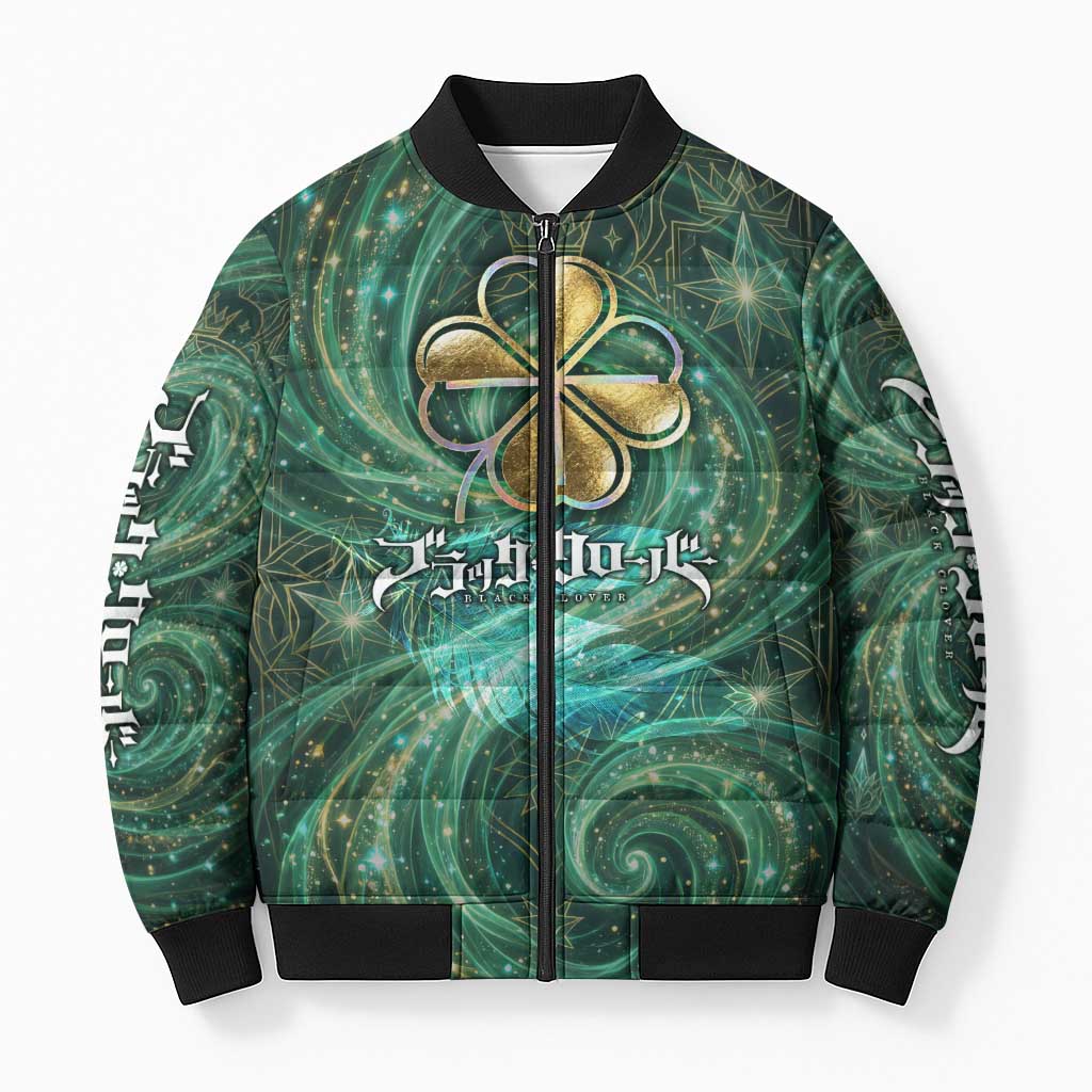 Yuno Black Clover Bomber Puffer Jacket Magical Fantasy Style with Emerald Wind Swirls
