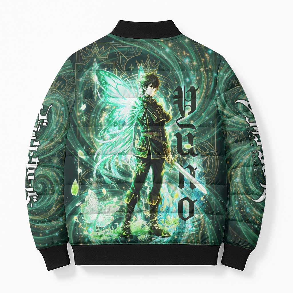 Yuno Black Clover Bomber Puffer Jacket Magical Fantasy Style with Emerald Wind Swirls