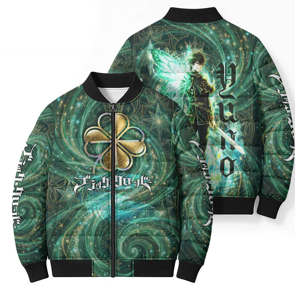 Yuno Black Clover Bomber Puffer Jacket Magical Fantasy Style with Emerald Wind Swirls