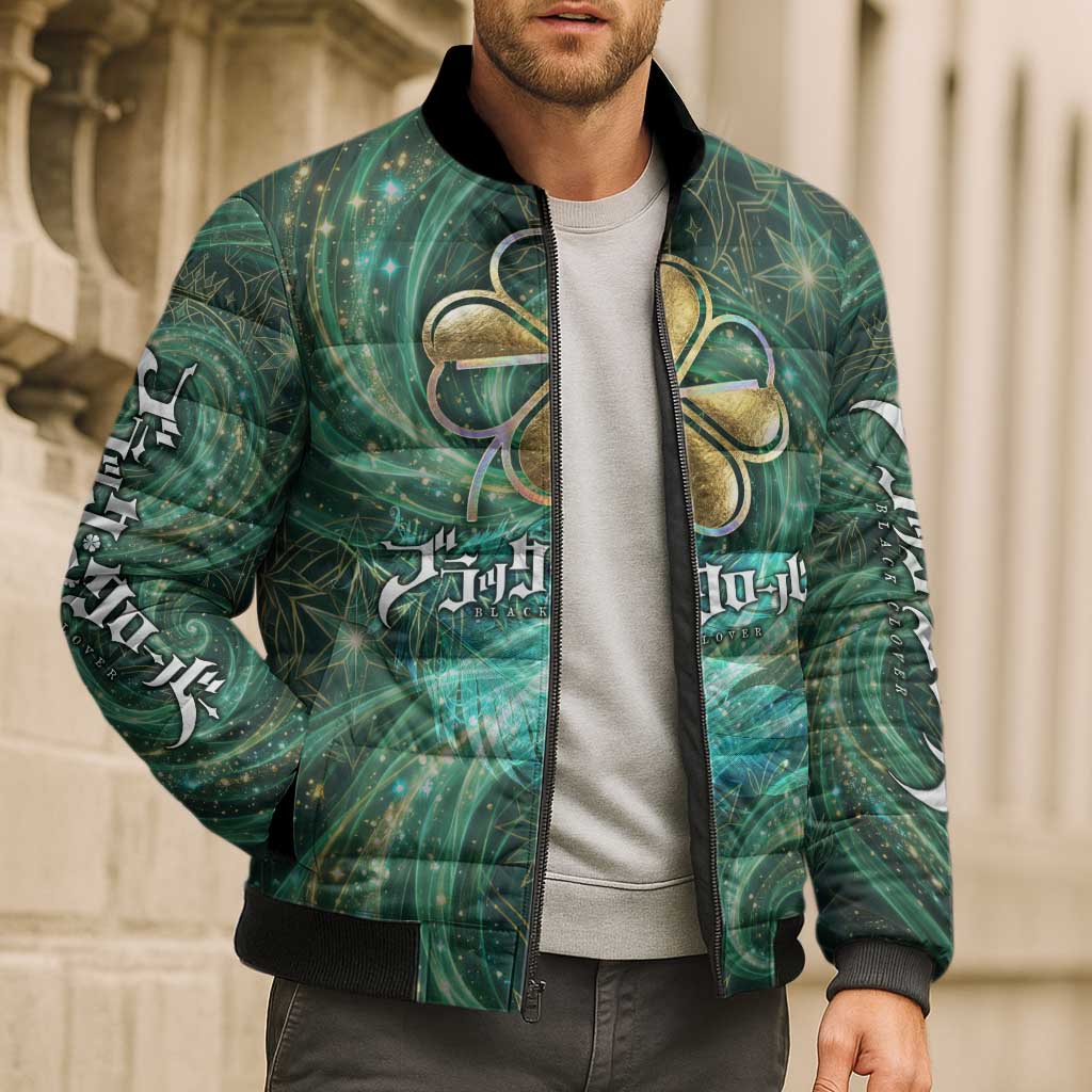 Yuno Black Clover Bomber Puffer Jacket Magical Fantasy Style with Emerald Wind Swirls