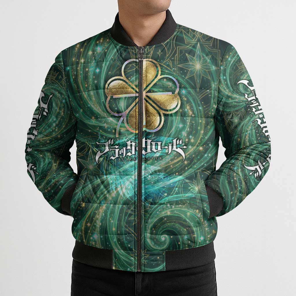 Yuno Black Clover Bomber Puffer Jacket Magical Fantasy Style with Emerald Wind Swirls