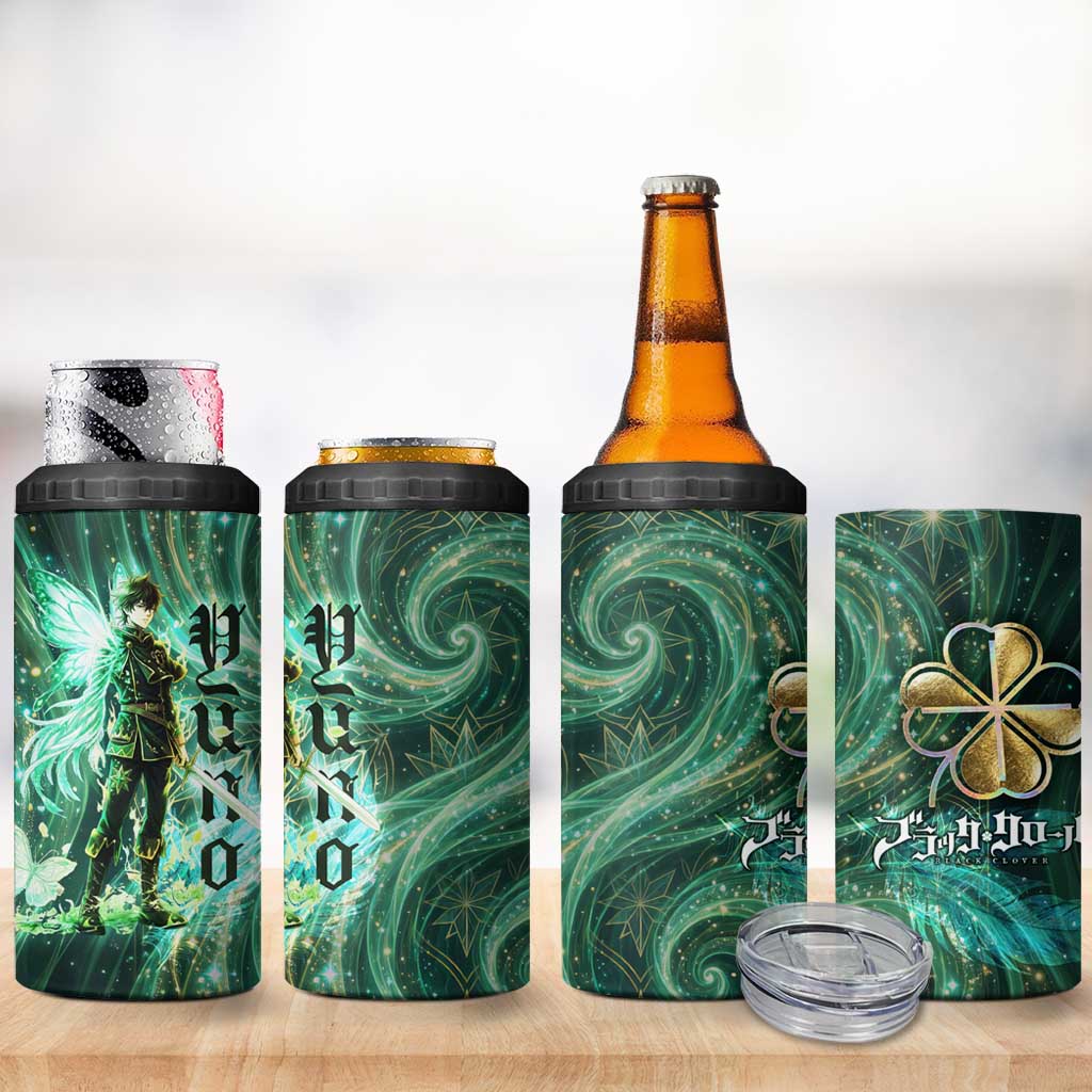 Yuno Black Clover 4 in 1 Can Cooler Tumbler Magical Fantasy Style with Emerald Wind Swirls