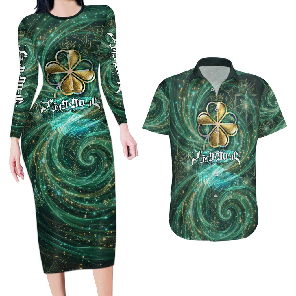 Yuno Black Clover Couples Matching Long Sleeve Bodycon Dress and Hawaiian Shirt Magical Fantasy Style with Emerald Wind Swirls