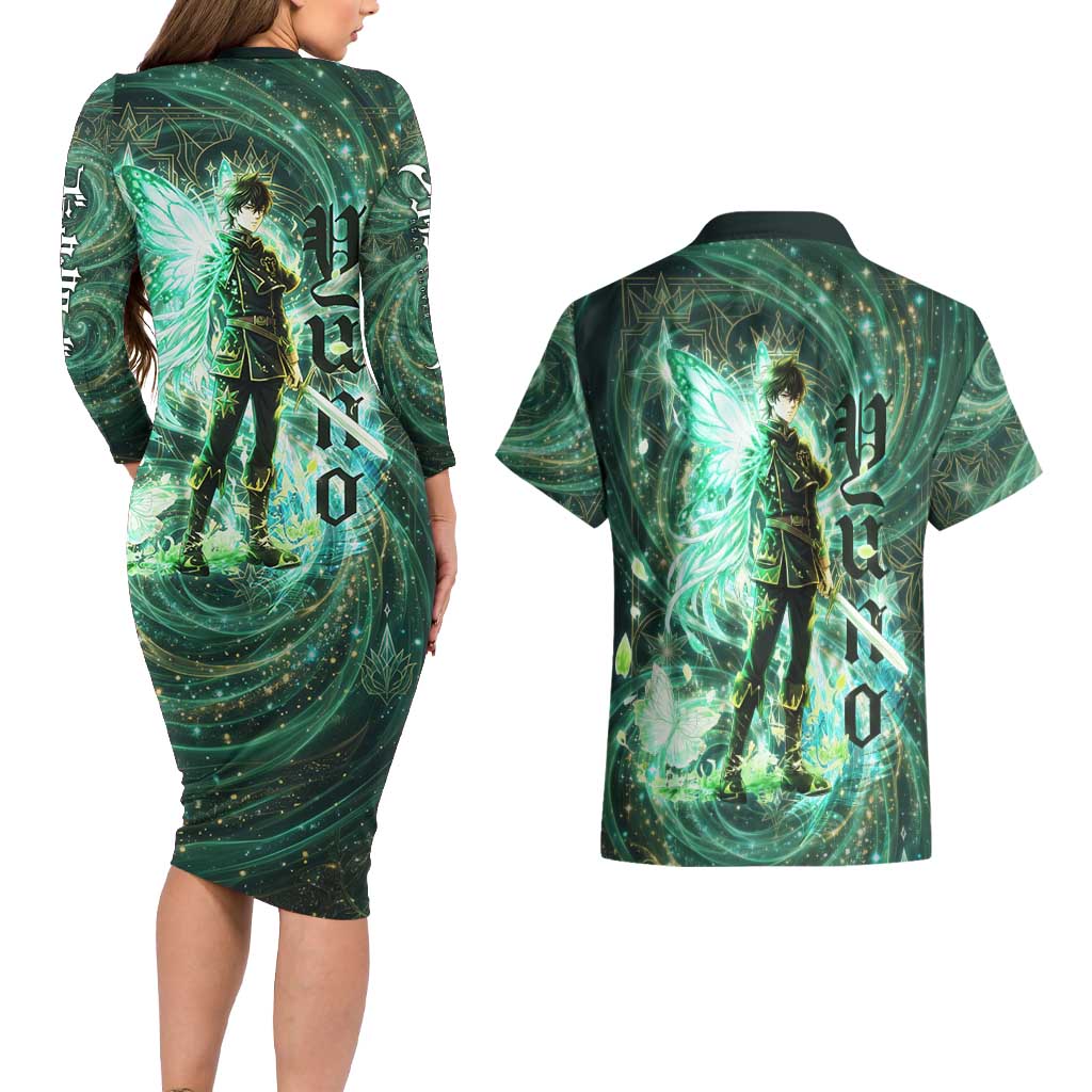 Yuno Black Clover Couples Matching Long Sleeve Bodycon Dress and Hawaiian Shirt Magical Fantasy Style with Emerald Wind Swirls